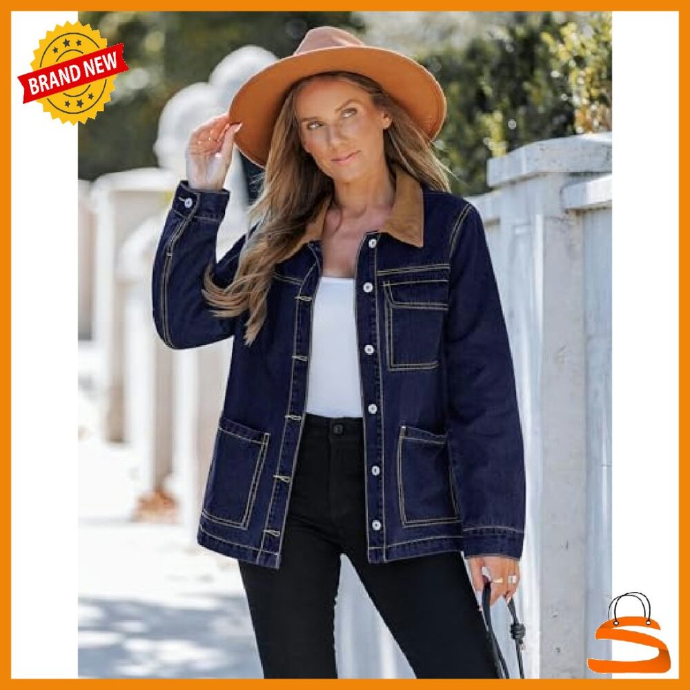 Oversized Denim Jacket with Corduroy Collar, Loose Fit, Button Front, Pockets - Picture 3 of 8